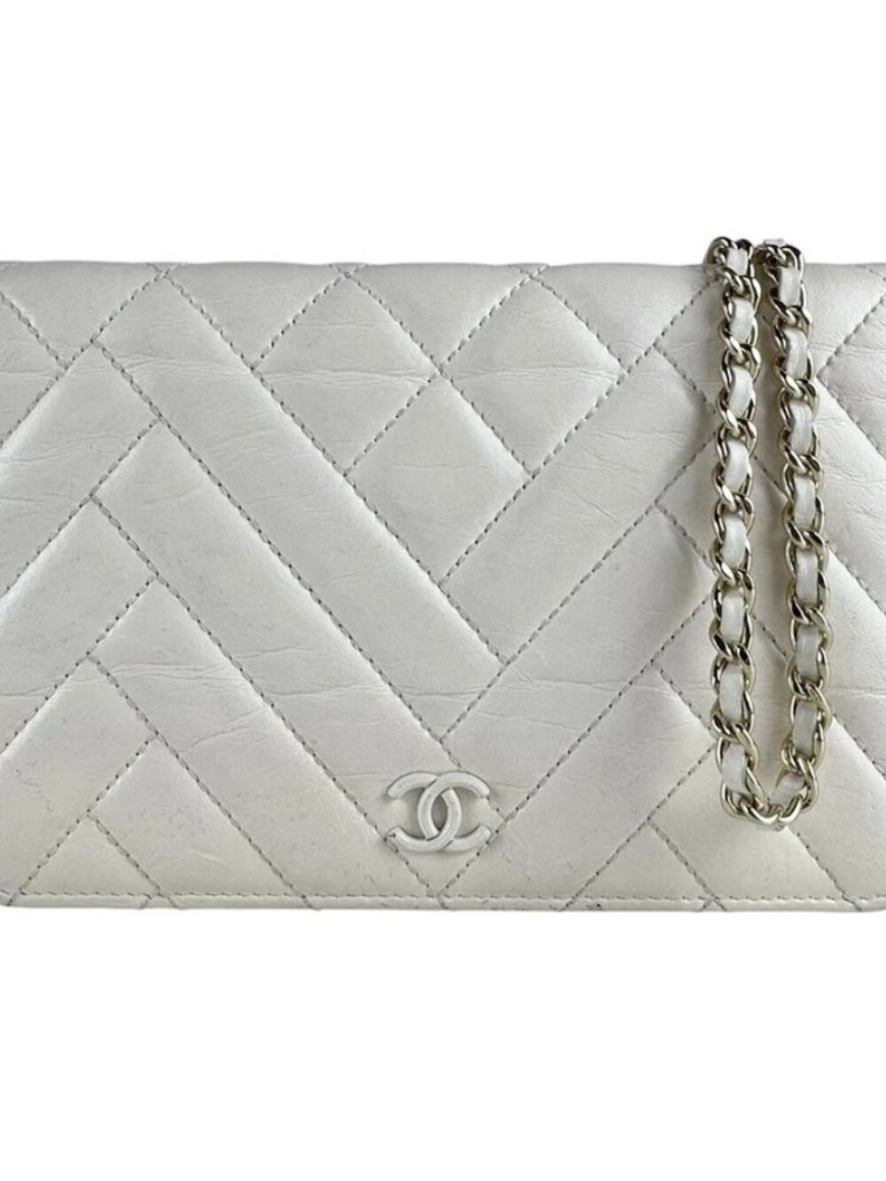 CHANEL Chain Wallet Crossbody Bag Off White Leather/Metal -
